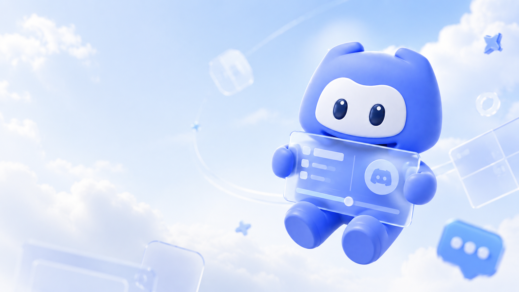 Mascote azul flutuando entre nuvens, segurando uma tela com o símbolo do Discord